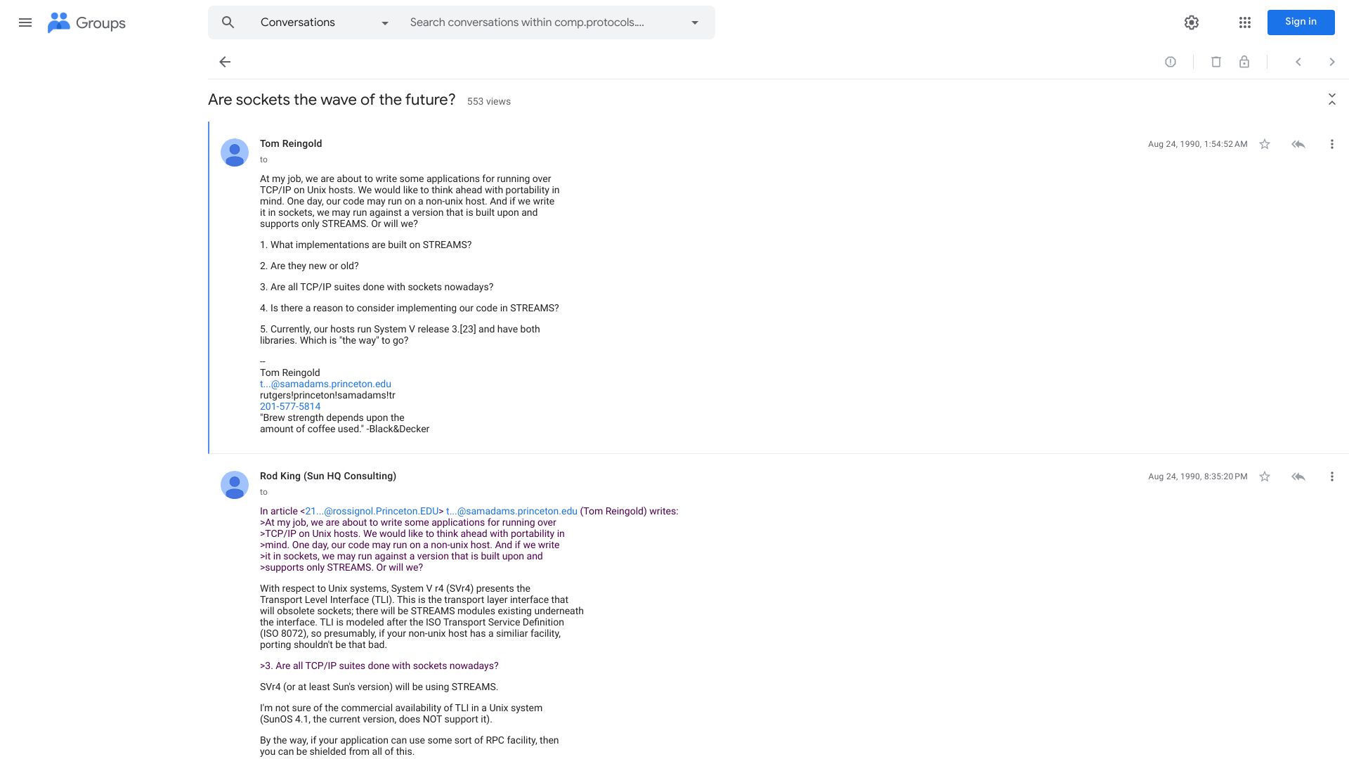 Screenshot of groups.google.com: Are sockets the wave of the future? (1990)
