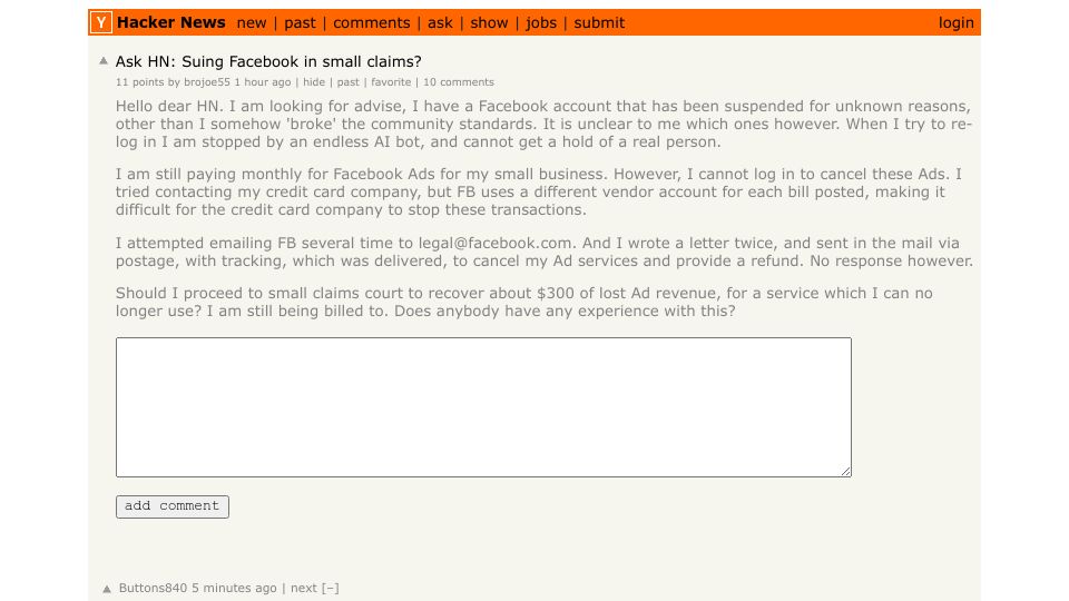 Screenshot of Hacker News post: Ask HN: Suing Facebook in small claims?