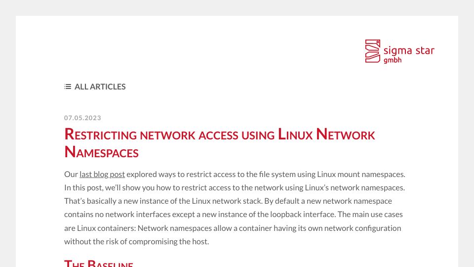Screenshot of blog.sigma-star.at: Restricting network access using Linux Network Namespaces