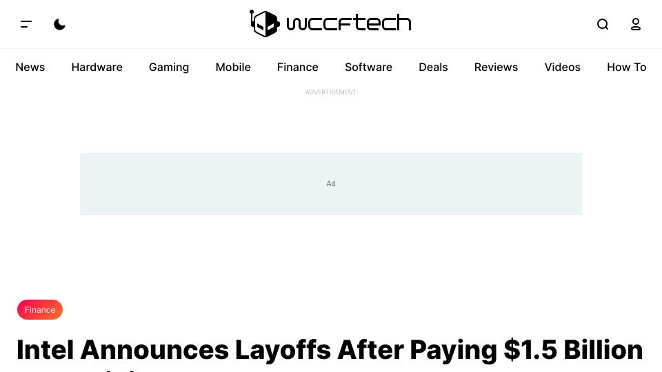 Screenshot of wccftech.com: Intel Announces Layoffs After Paying $1.5B in Q1 Dividends