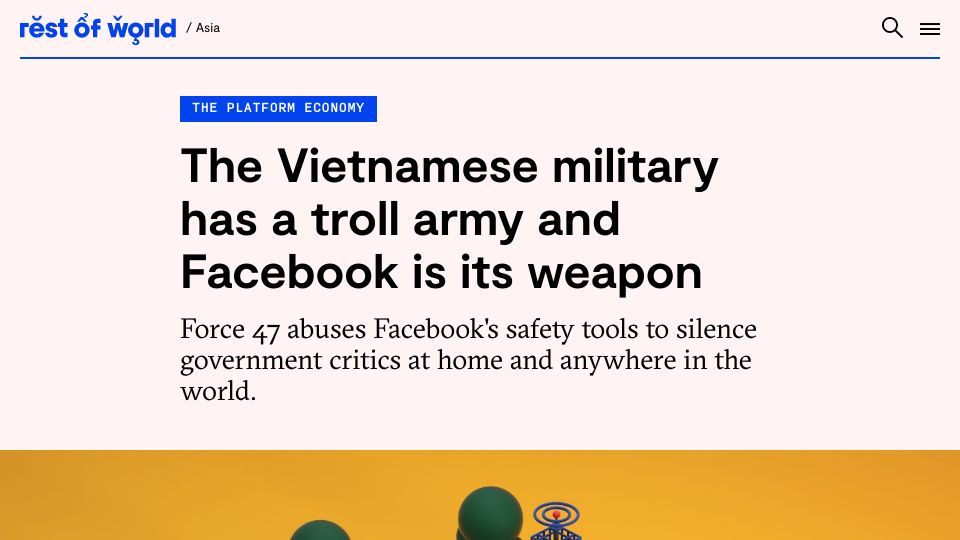Screenshot of restofworld.org: The Vietnamese military has an actual troll army and Facebook is its weapon