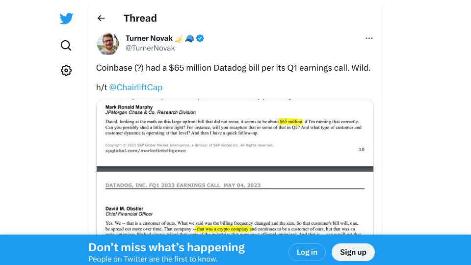 Screenshot of twitter.com: "Coinbase (?) had a $65M Datadog bill per its Q1 earnings call"