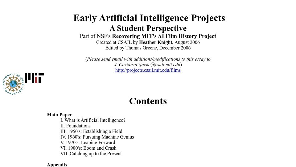 Screenshot of projects.csail.mit.edu: Early Artificial Intelligence Projects: A Student Perspective (2006)