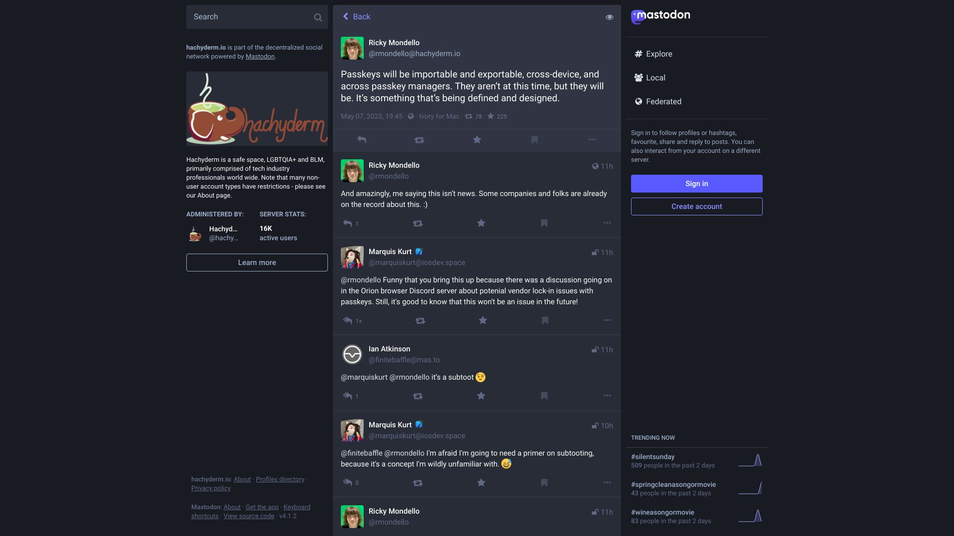Screenshot of hachyderm.io: Passkeys will be importable, exportable, cross-device, and across managers