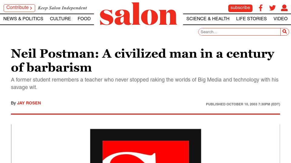 Screenshot of salon.com: Neil Postman: A civilized man in a century of barbarism (2003)
