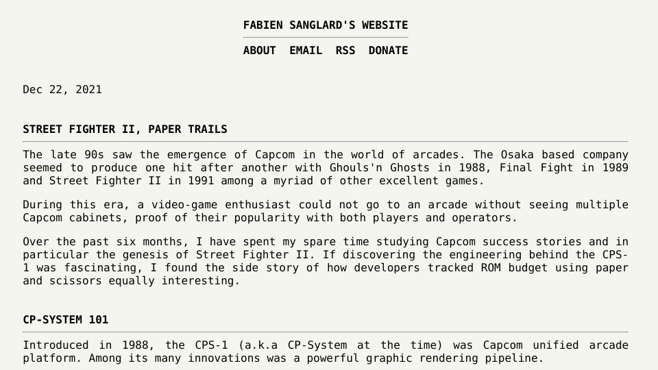 Screenshot of fabiensanglard.net: Street Fighter II, paper trails (2021)