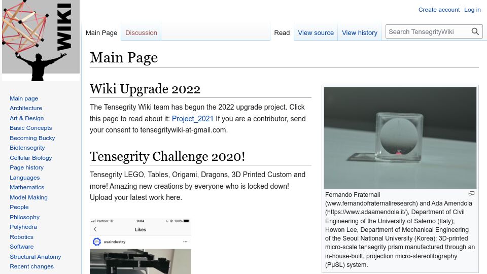Screenshot of tensegritywiki.com: Tensegrity Wiki