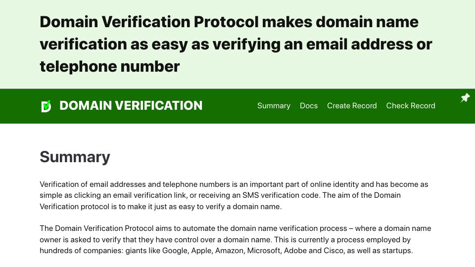 Screenshot of domainverification.org: Show HN: Automatic Domain Verification