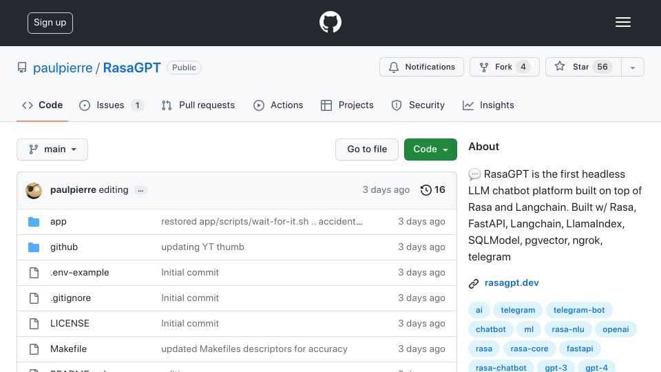 Screenshot of github.com: RasaGPT: First headless LLM chatbot built on top of Rasa, Langchain and FastAPI