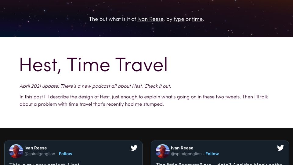 Screenshot of ivanish.ca: Hest, Time Travel (2019)