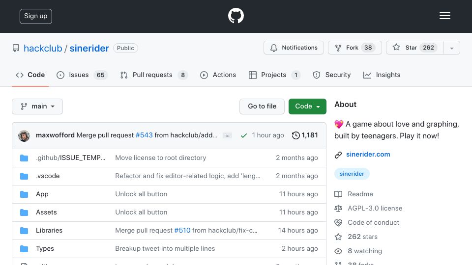 Screenshot of github.com: Show HN: SineRider, a math puzzle game