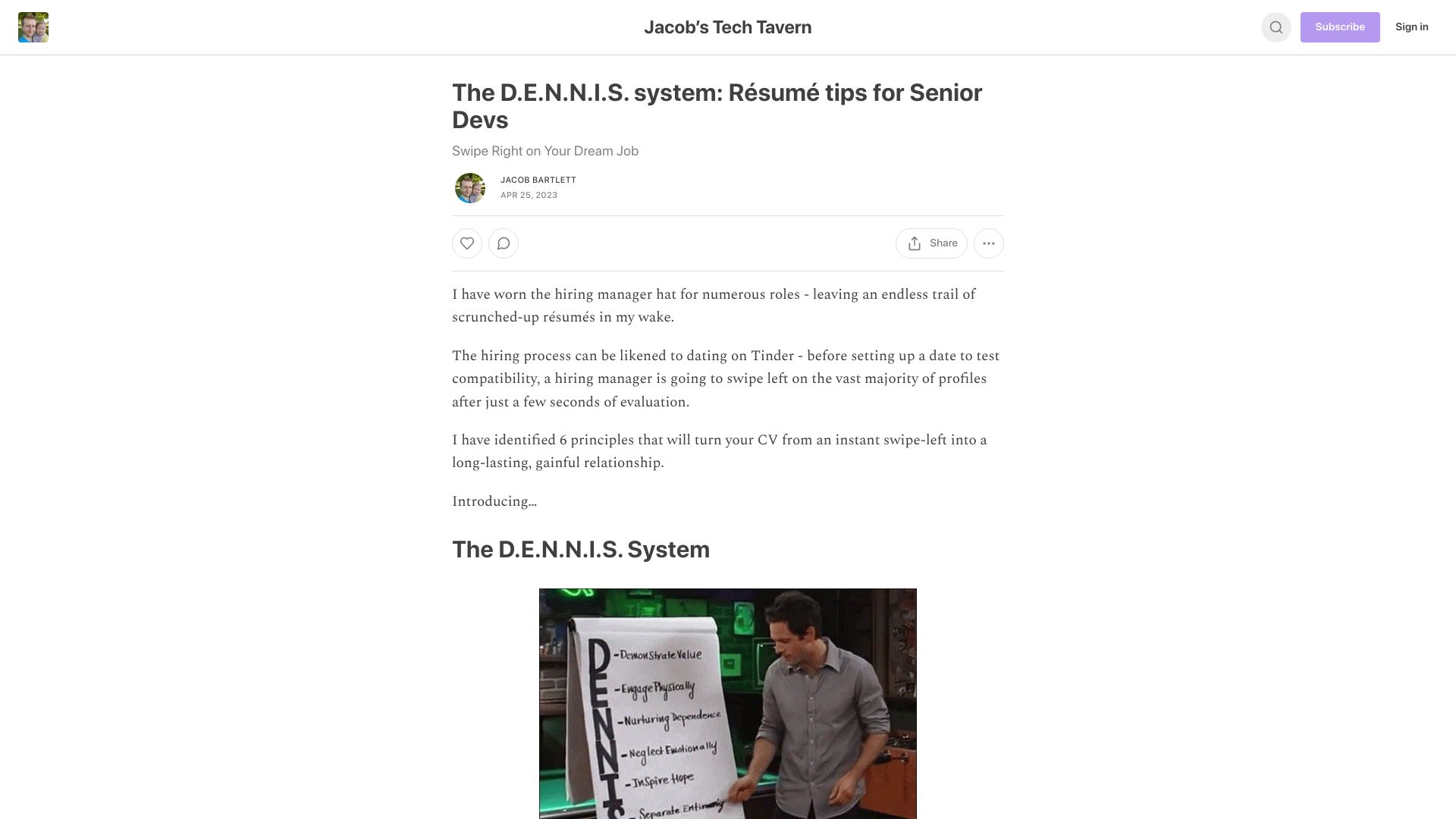 Screenshot of jacobbartlett.substack.com: The D.E.N.N.I.S. system: Résumé tips for Senior Devs