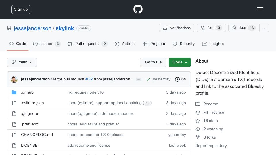 Screenshot of github.com: SkyLink – Bluesky DID Detector browser plugin