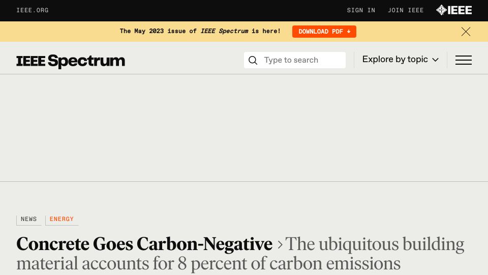 Screenshot of spectrum.ieee.org: Carbon-negative concrete