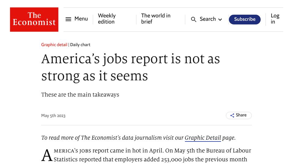 Screenshot of economist.com: America’s jobs report is not as strong as it seems
