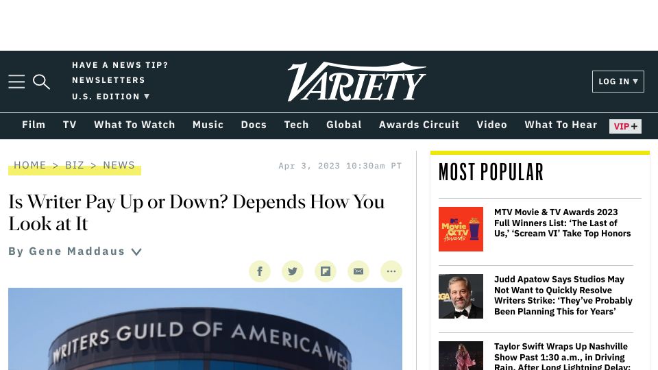 Screenshot of variety.com: Is writer pay up or down? Depends how you look at it