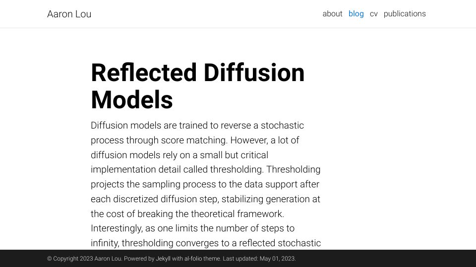 Screenshot of aaronlou.com: Reflected Diffusion Models