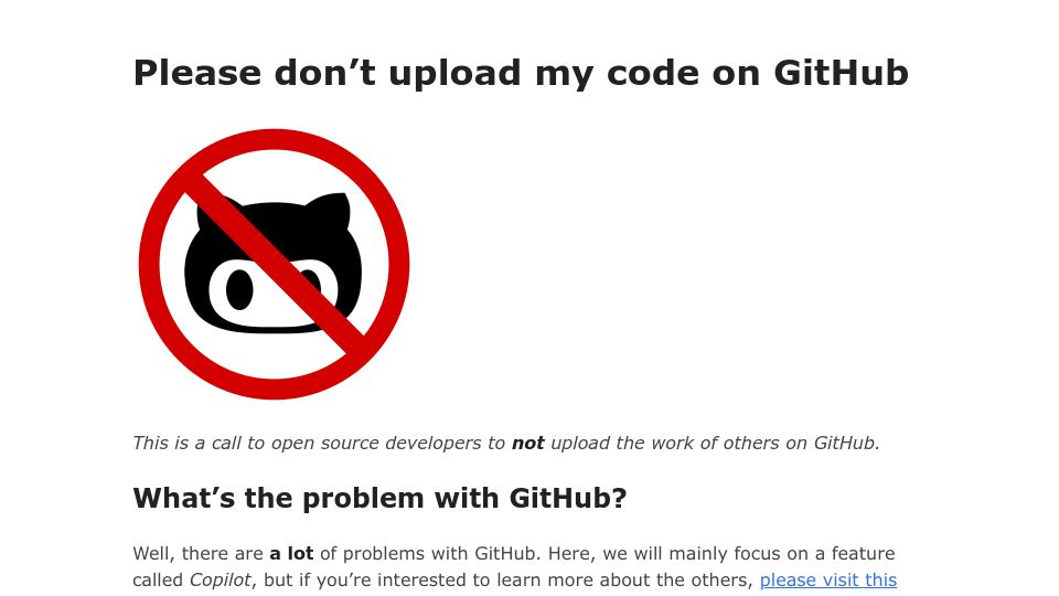 Screenshot of nogithub.codeberg.page: Please don’t upload my code on GitHub