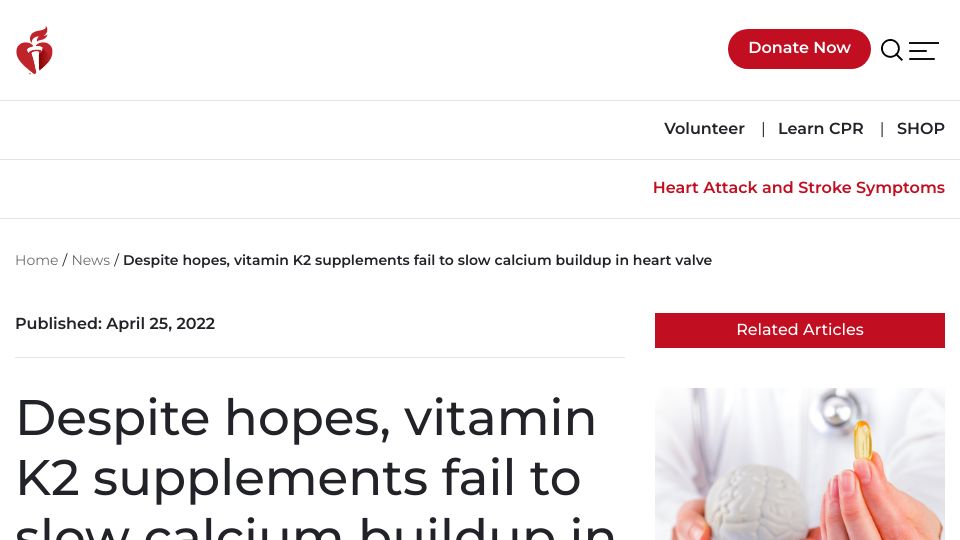 Screenshot of heart.org: Vitamin K2 supplements fail to slow calcium buildup in heart