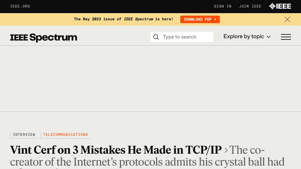 Screenshot of spectrum.ieee.org: Vint Cerf on mistakes he made in TCP/IP