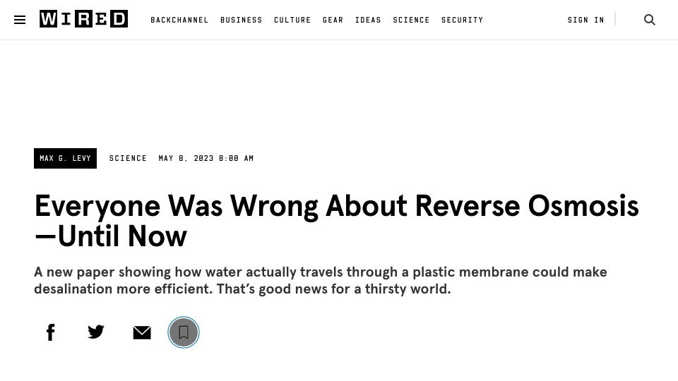 Screenshot of wired.com: Everyone Was Wrong About Reverse Osmosis–Until Now