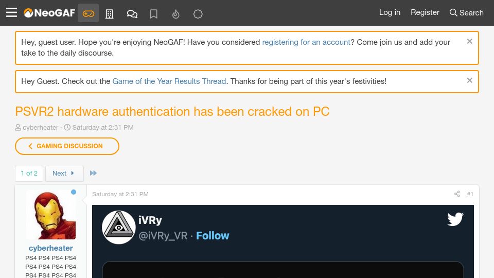 Screenshot of neogaf.com: PSVR2 hardware authentication has been cracked on PC
