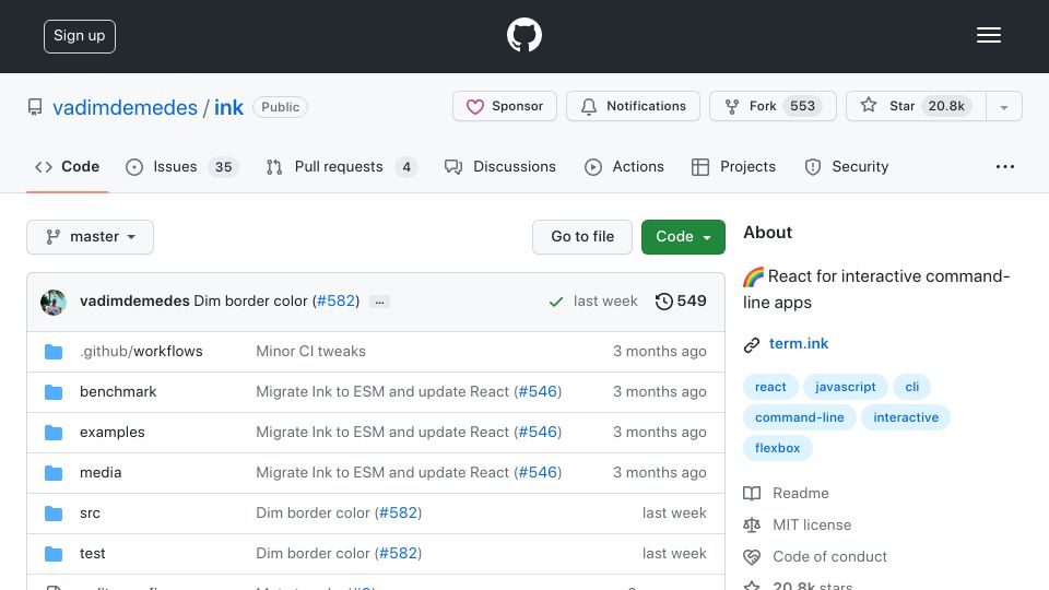 Screenshot of github.com: Ink: React for interactive command-line apps