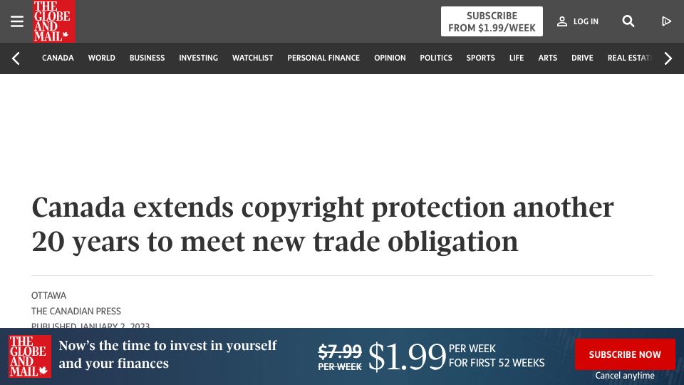 Screenshot of theglobeandmail.com: Canada extends copyright protection another 20 years to meet trade obligation