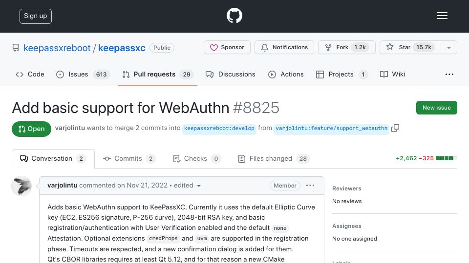 Screenshot of github.com: KeePassXC pull request to add basic support for WebAuthn