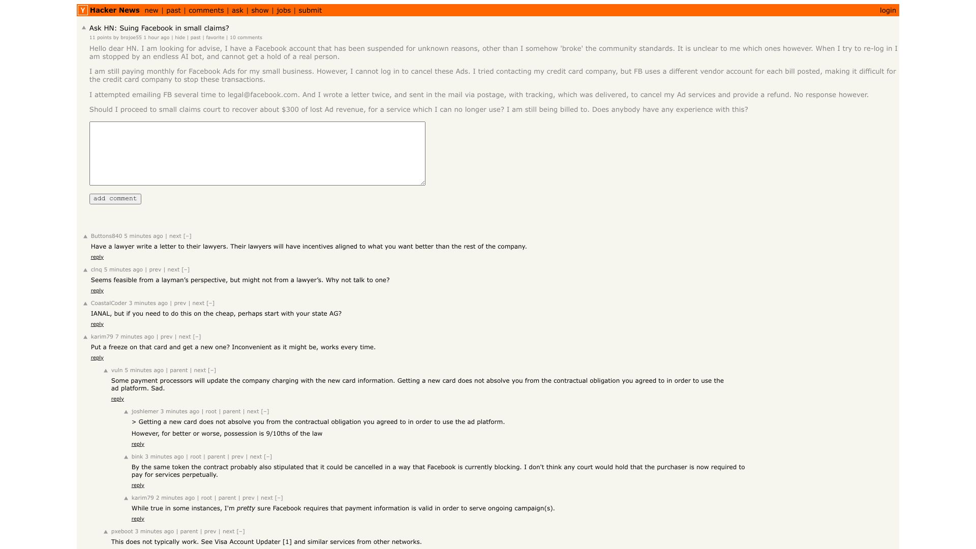 Screenshot of this Hacker News post: Ask HN: Suing Facebook in small claims?