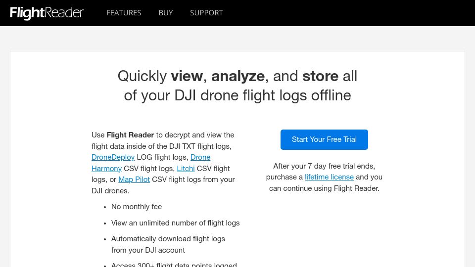 Screenshot of flightreader.com: DJI drone flight log viewer