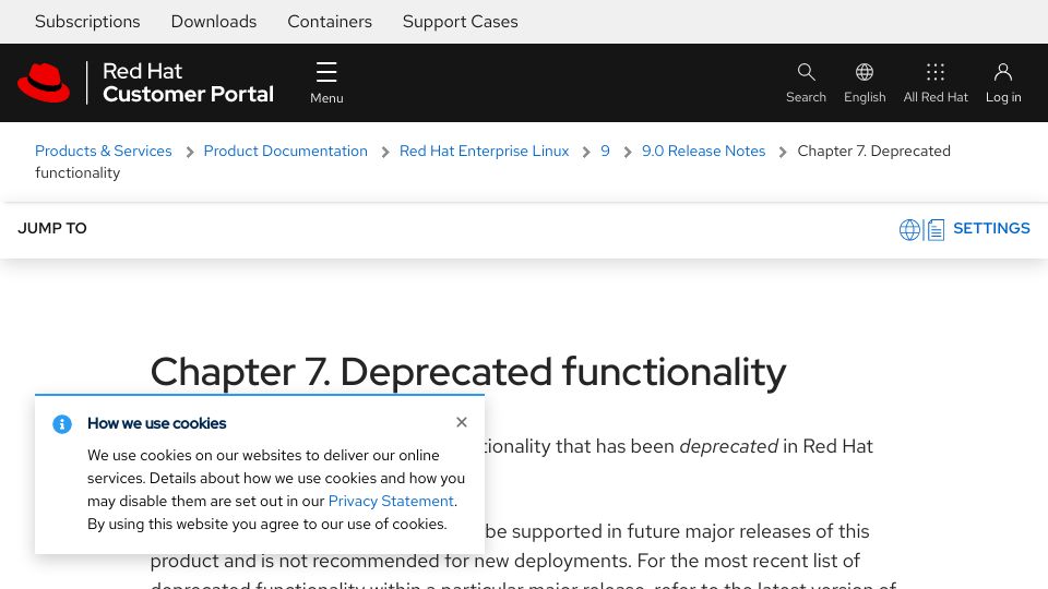 Screenshot of access.redhat.com: Red Hat considers Xorg “deprecated” and will remove it in a future RHEL release