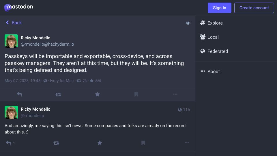 Screenshot of hachyderm.io: Passkeys will be importable, exportable, cross-device, and across managers