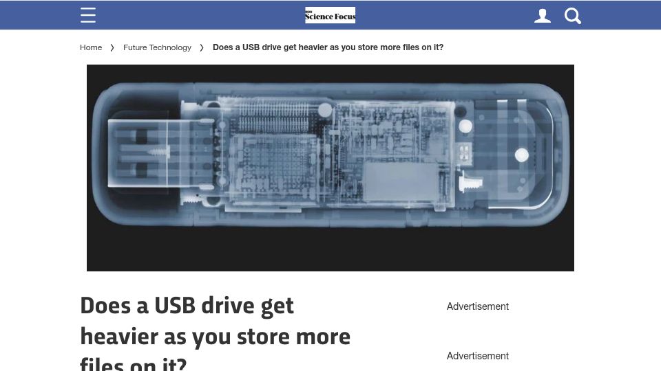 Screenshot of sciencefocus.com: The more you save on a flash drive, the lighter it gets?