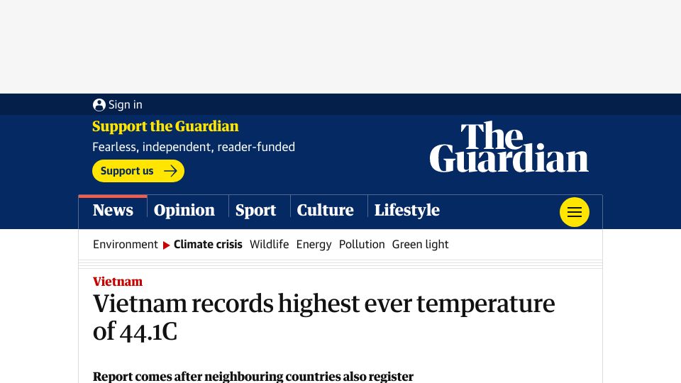 Screenshot of theguardian.com: Vietnam records highest ever temperature of 44.1C