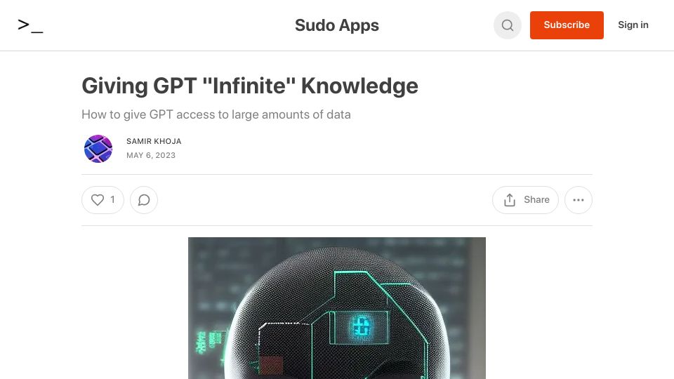 Screenshot of sudoapps.substack.com: Giving GPT “Infinite” Knowledge