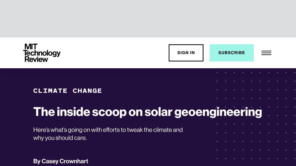 Screenshot of technologyreview.com: The Scoop on Solar Geoengineering