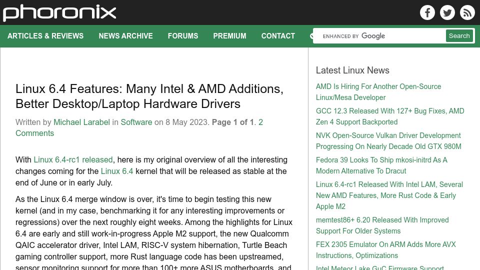Screenshot of phoronix.com: Linux 6.4 Features: Intel and AMD Additions, Better Desktop/Laptop Drivers