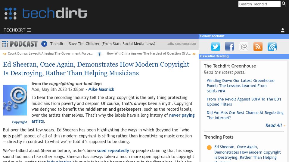 Screenshot of techdirt.com: Ed Sheeran demonstrates how copyright is destroying musicians