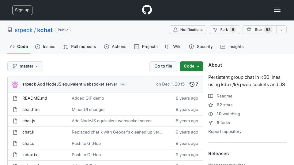 Screenshot of github.com: Kchat: Persistent group chat in <50 lines using kdb+/k/q web sockets, JavaScript