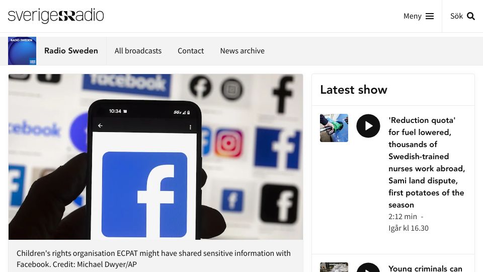 Screenshot of sverigesradio.se: Sexual abuse tip-off site could be sharing data with Facebook