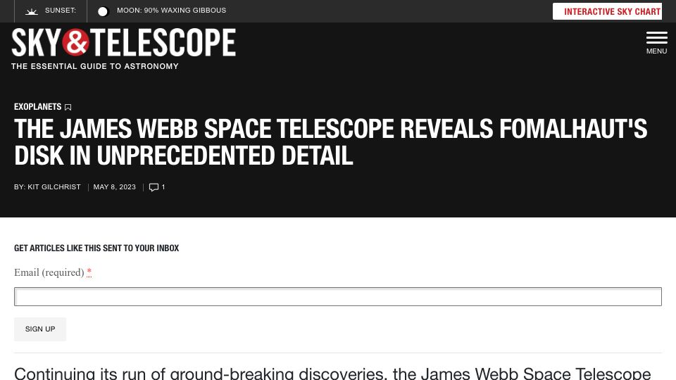 Screenshot of skyandtelescope.org: James Webb Space Telescope reveals Fomalhaut's disk in detail