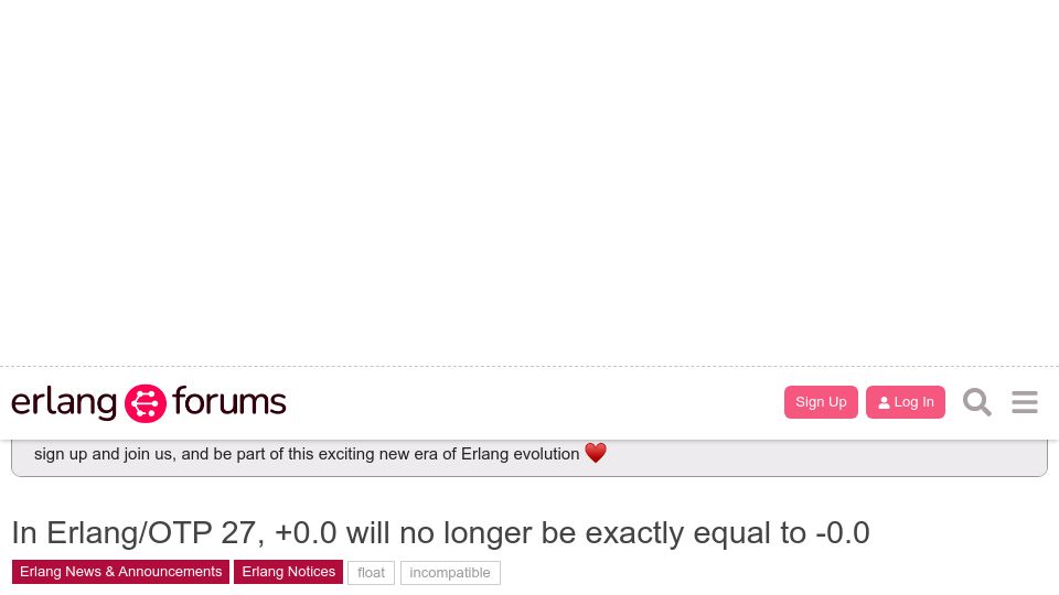 Screenshot of erlangforums.com: In Erlang/OTP 27, +0.0 will no longer be exactly equal to -0.0