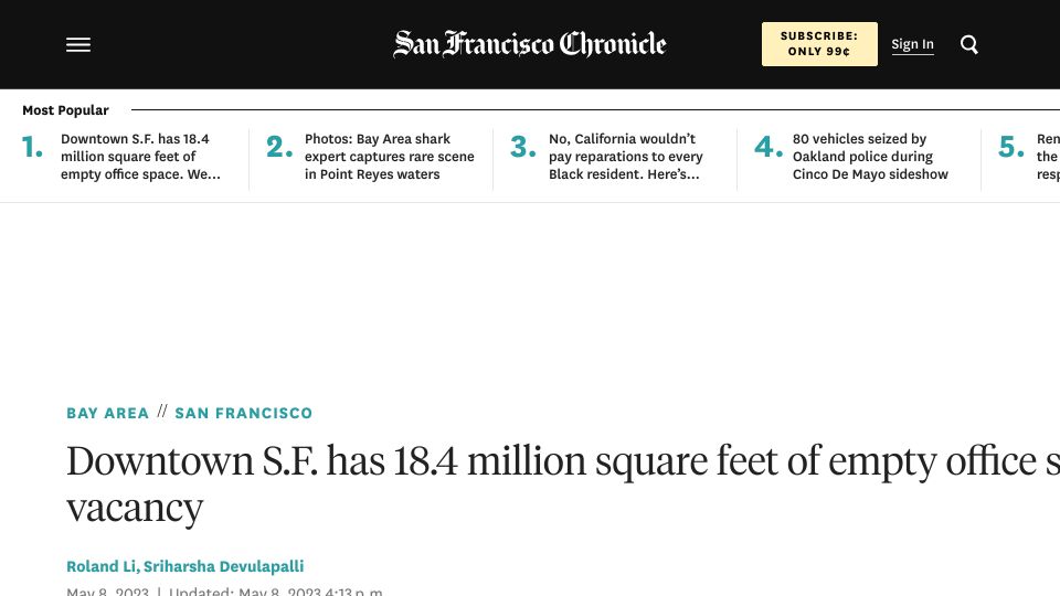 Screenshot of sfchronicle.com: Downtown SF has 18.4M square feet of empty office space. We mapped every vacancy