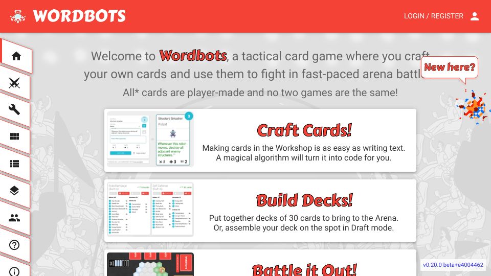 Screenshot of app.wordbots.io: Show HN: Card game where players write their own cards that get parsed into code
