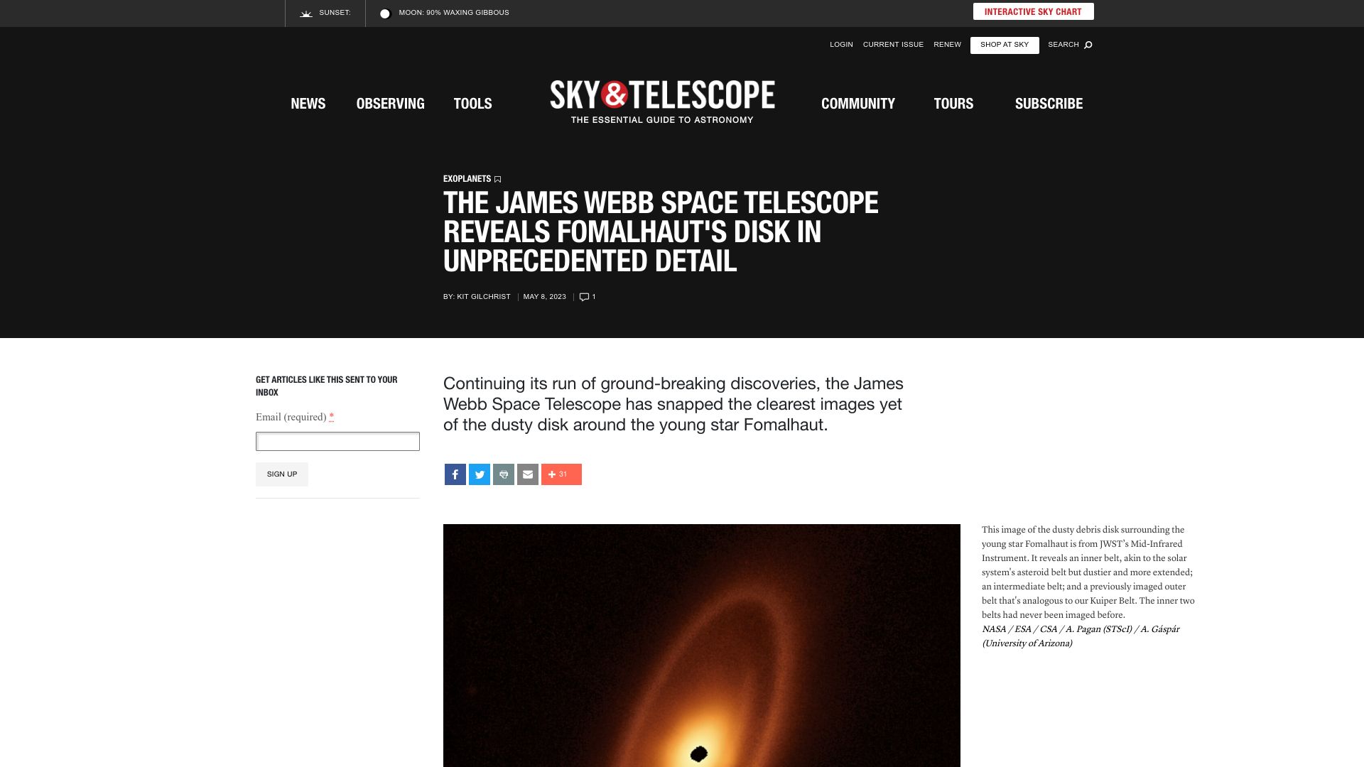 Screenshot of skyandtelescope.org: James Webb Space Telescope reveals Fomalhaut's disk in detail