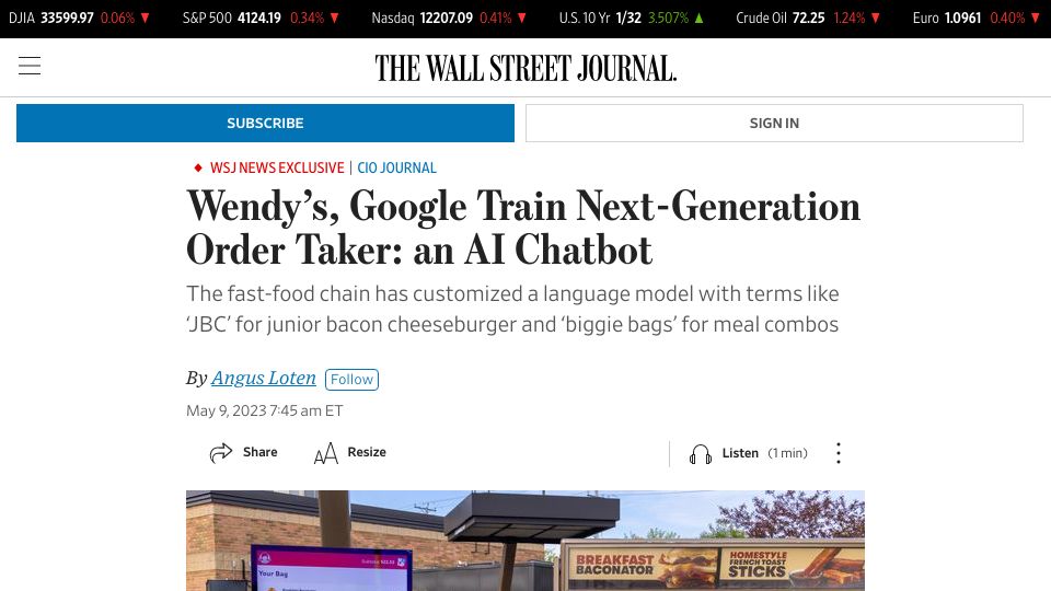 Screenshot of wsj.com: Wendy’s, Google Train Next-Generation Order Taker: An AI Chatbot
