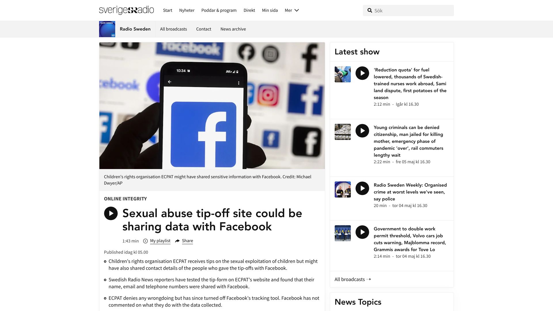 Screenshot of sverigesradio.se: Sexual abuse tip-off site could be sharing data with Facebook