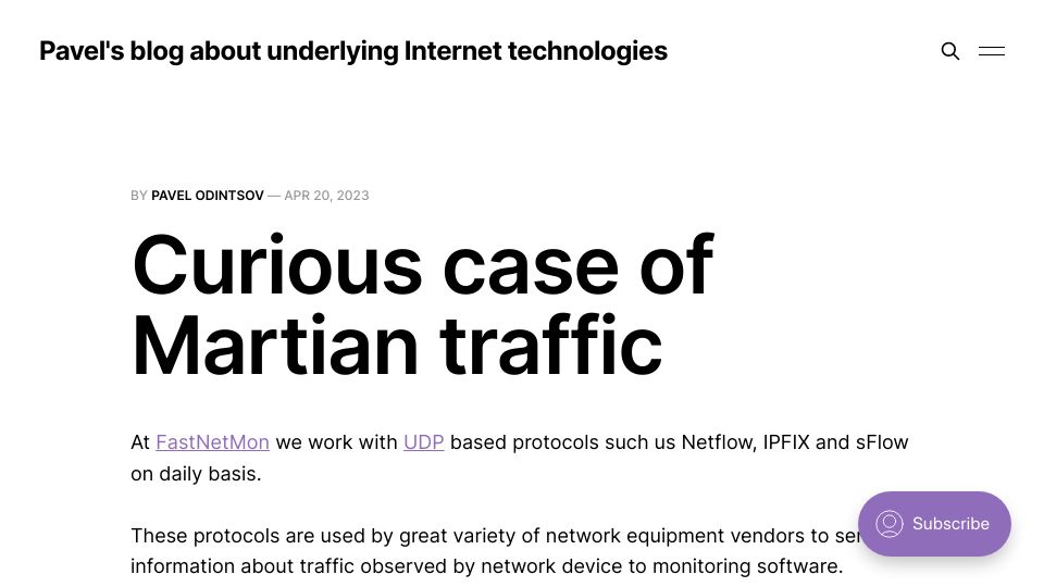 Screenshot of pavel.network: Curious case of Martian traffic in Linux