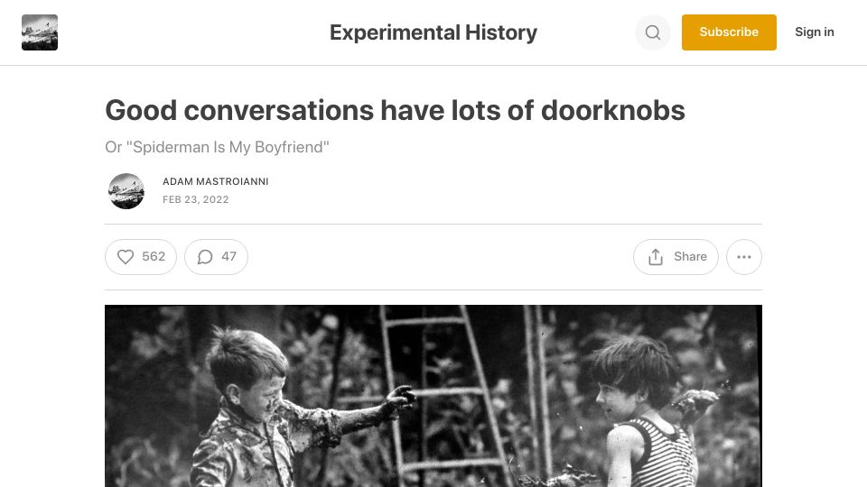 Screenshot of experimental-history.com: Good conversations have lots of doorknobs